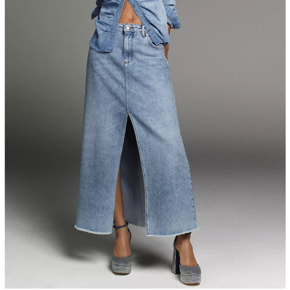 Anthropologie Pilcro The Madi Front-Slit Denim Maxi Skirt Endless Summer Wash 14